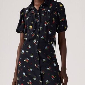 Black Floral Button-Front Dress with Puff Sleeves